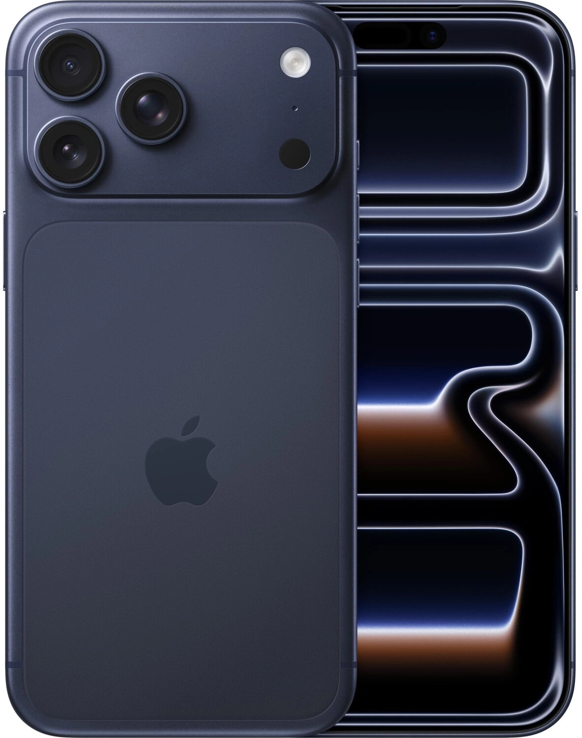 Dunkelblaues iPhone mit drei Kameras und Apple-Logo.
