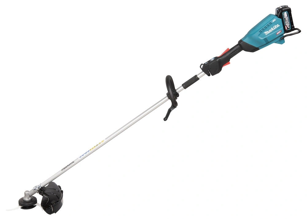 Ein blauer Makita Trimmer mit Akku und Schaft