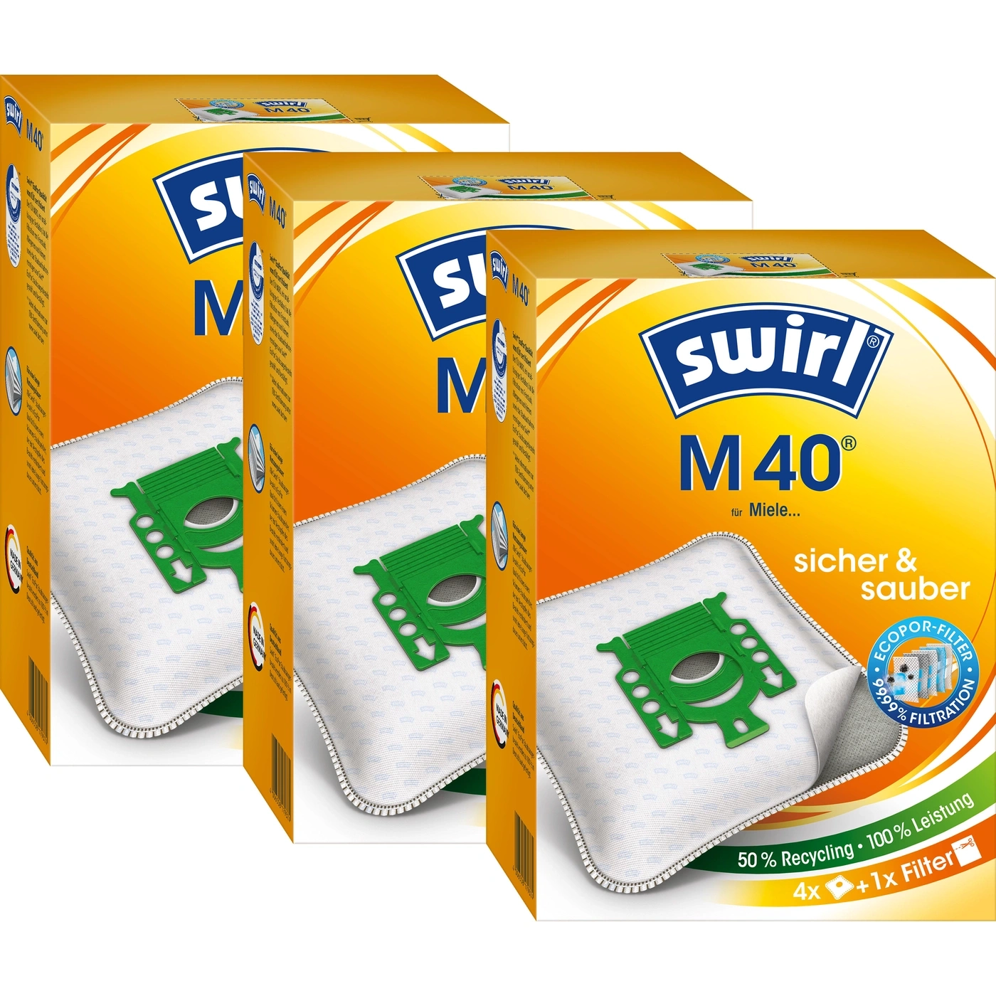Swirl M40 Staubsaugerbeutel, 4x Beutel + 1x Filter, sicher und sauber, 50% Recycling