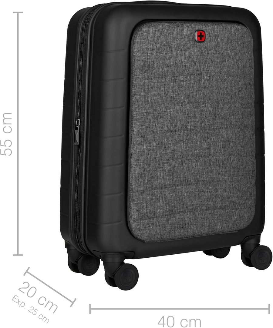 Schwarzer Koffer mit grauer Stofffläche, 55 cm hoch, 40 cm breit, 20 cm tief.