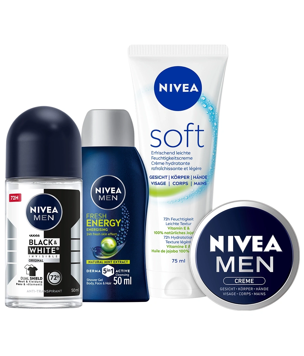 Vier Nivea Men Hautpflegeprodukte, darunter eine Creme, eine Lotion und zwei Duschgele.