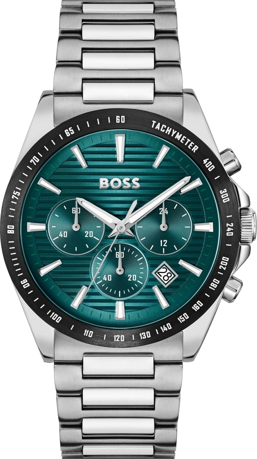 Eine grüne Herrenarmbanduhr mit silbernem Armband und Chronographenfunktion.