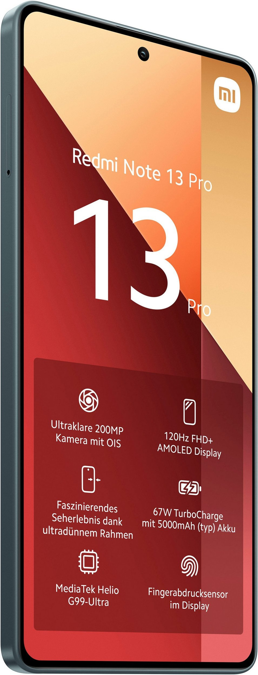 Redmi Note 13 Pro Smartphone mit Funktionen wie Kamera, Display und Akku.