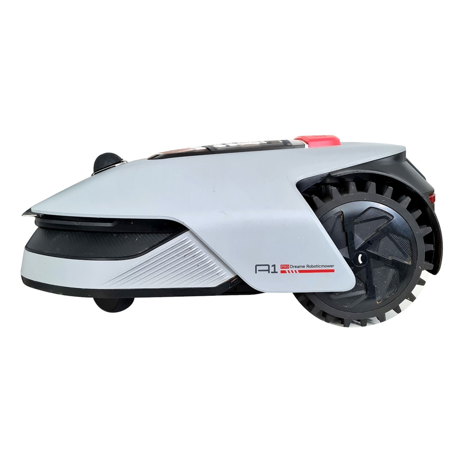 Roboter-Rasenmäher, grau und schwarz, mit rotem Knopf und Rädern, Dreame A1 Pro.