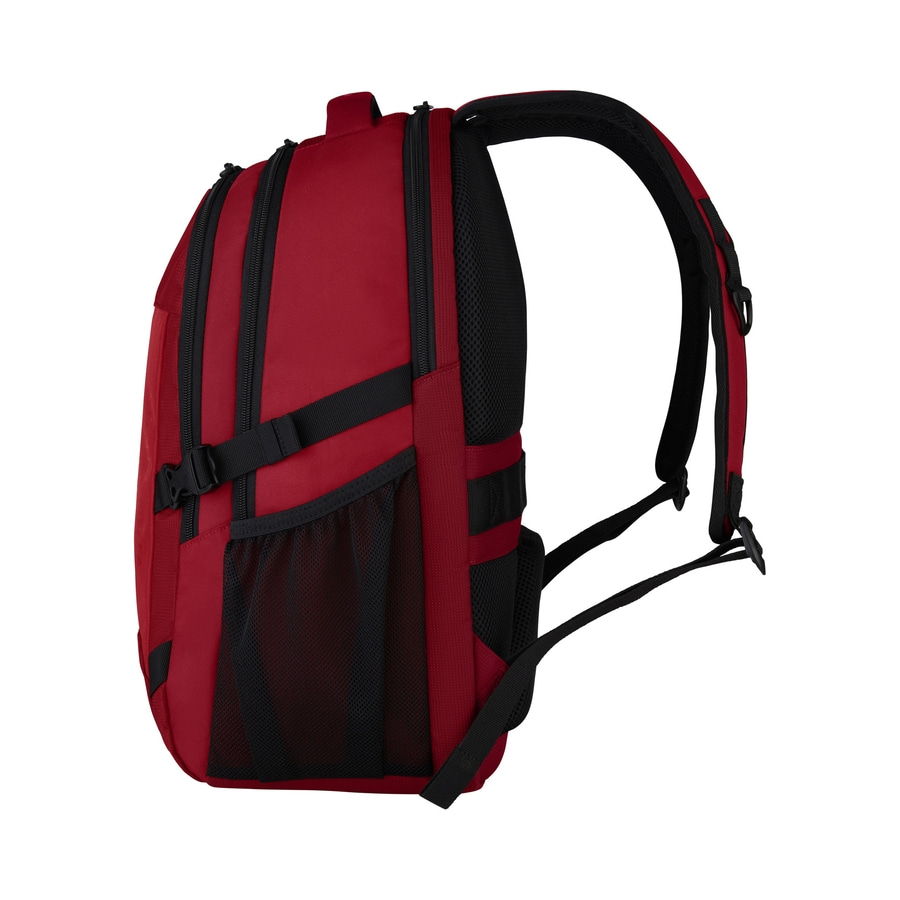 Roter Rucksack mit schwarzen Details und Mesh-Taschen, ideal für den Alltag.