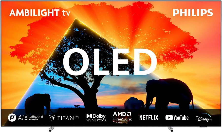 OLED-Fernseher mit Ambilight, Philips, Dolby, Netflix, YouTube und Disney+.