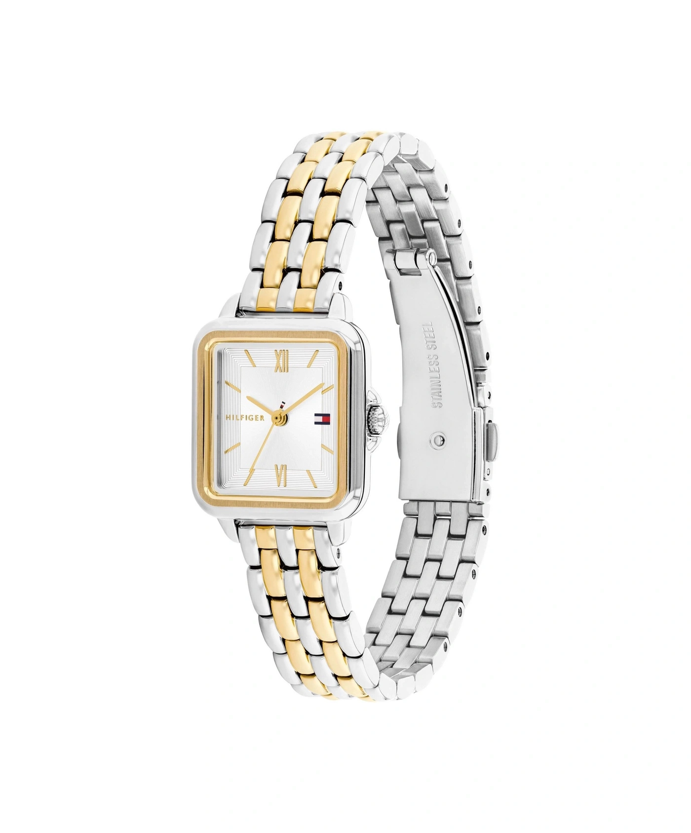 Eine elegante zweifarbige Armbanduhr mit silbernem und goldenem Band