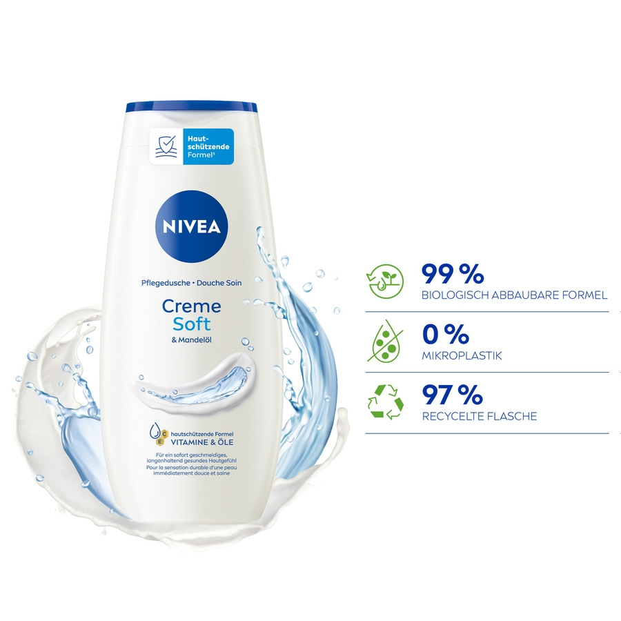 NIVEA Creme Soft Duschgel, 99% biologisch abbaubare Formel, 0% Mikroplastik, 97% recycelte Flasche