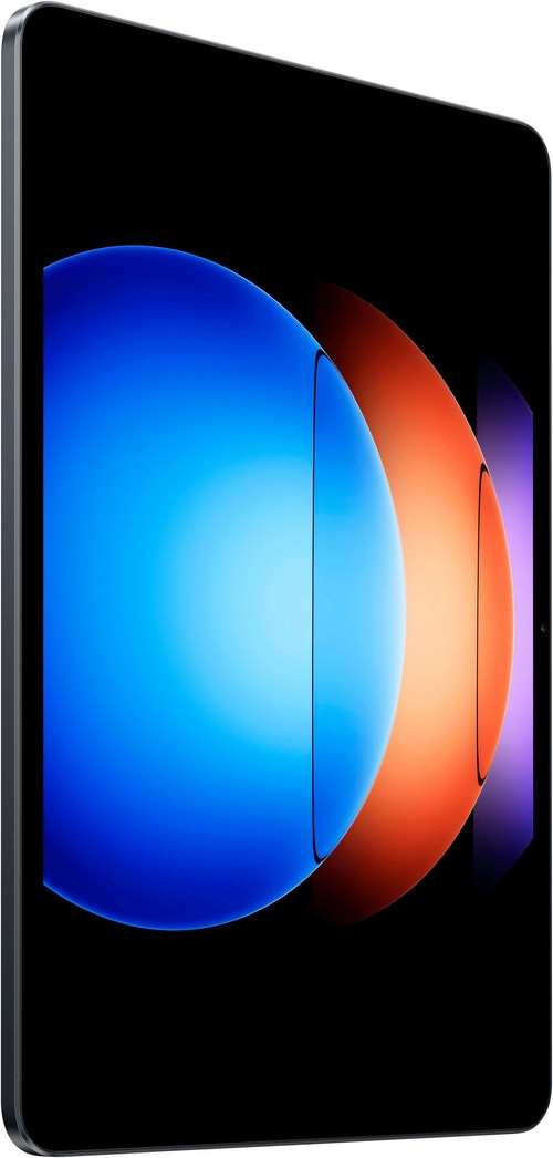 Tablet mit blau-orangefarbenem Hintergrund, schwarzer Rahmen, modernes Design, Technologie