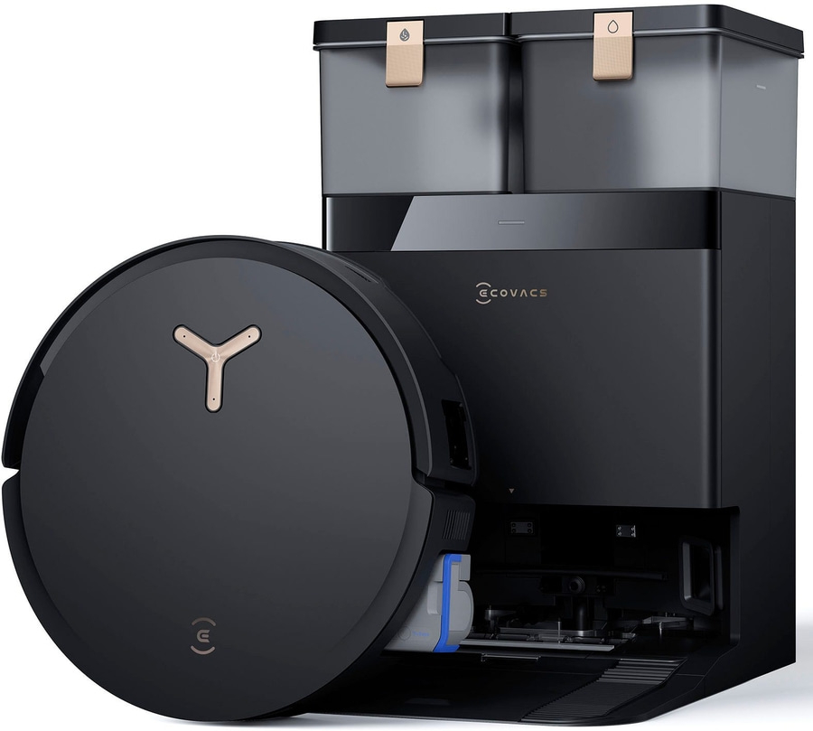 Schwarzer Roboter-Staubsauger mit Ladestation, ECOVACS-Logo, modernes Design, Reinigungstechnologie.