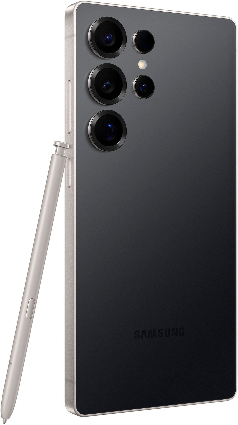 Smartphone mit Stift, Rückseite mit Kameras und Samsung-Logo, grau-schwarz