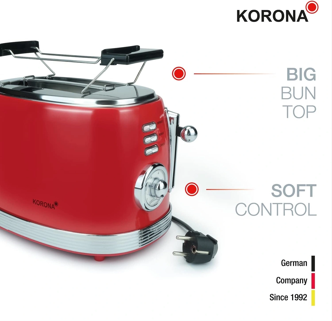 Roter Toaster mit 'BIG BUN TOP' und 'SOFT CONTROL' von Korona, deutsche Firma seit 1992.