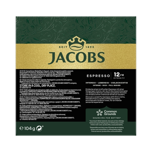 Jacobs Espresso Kaffeekapseln, 12/12 Intensität, mit Common Grounds Logo und Text.