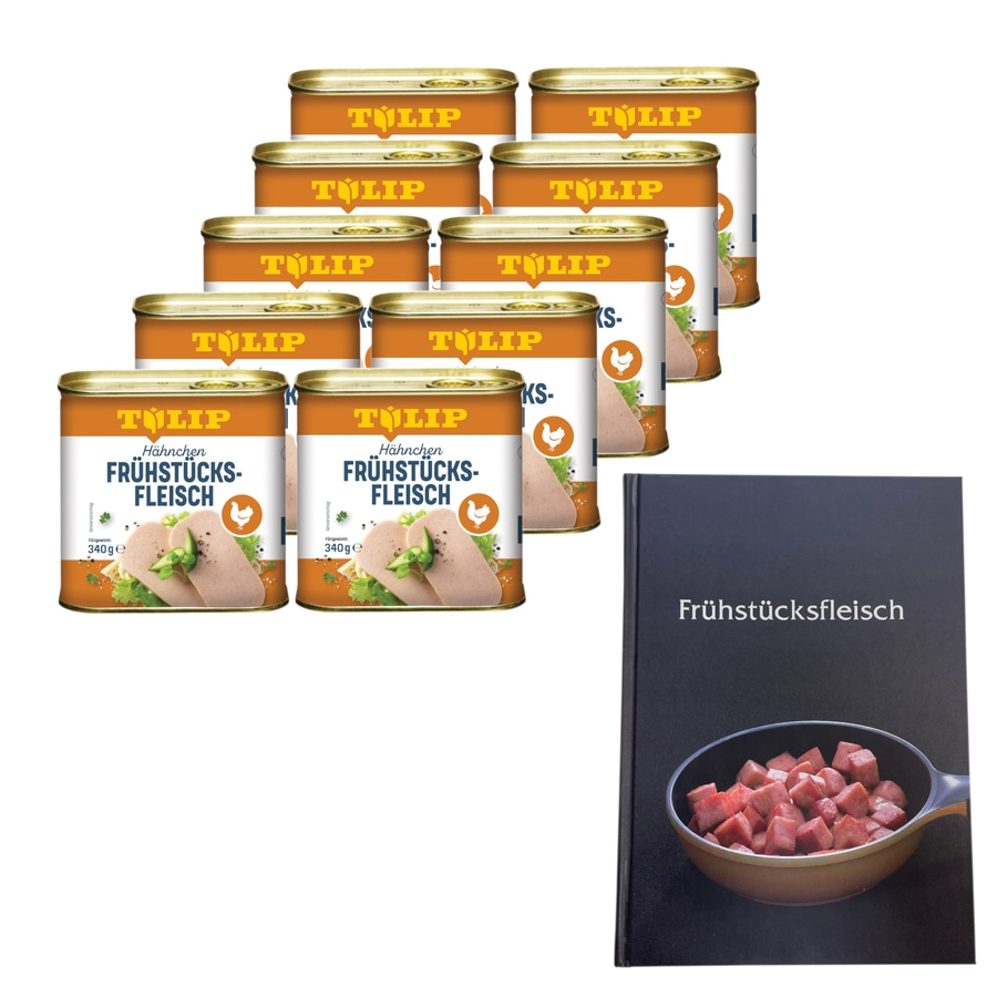 Dosen mit Hähnchen-Frühstücksfleisch und einem Buch mit dem Titel Frühstücksfleisch