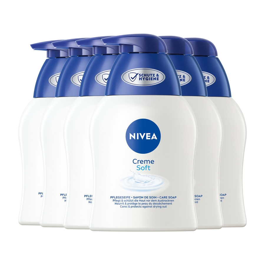 Nivea Creme Soft Seife, mehrere Flaschen, weiß und blau, Hygiene, Pflege