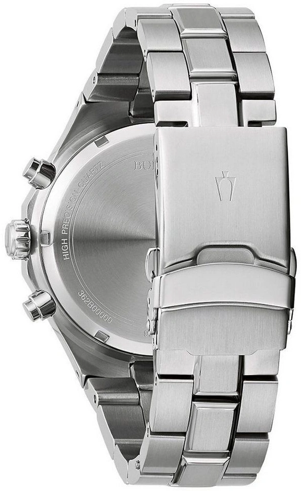 Nahaufnahme einer silbernen Uhr mit Armband und Details auf der Rückseite.