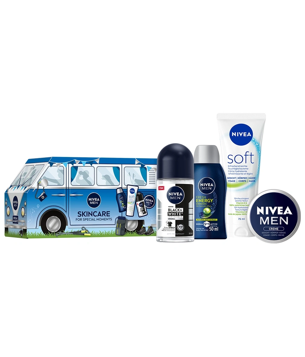 Nivea Men Skincare Geschenkset in einer blauen Van-Verpackung mit Duschgel, Deo und Creme.