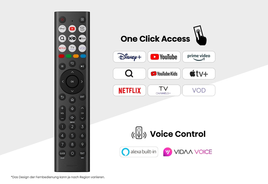 Fernbedienung mit One-Click-Zugriff, Sprachsteuerung und Alexa-Integration.