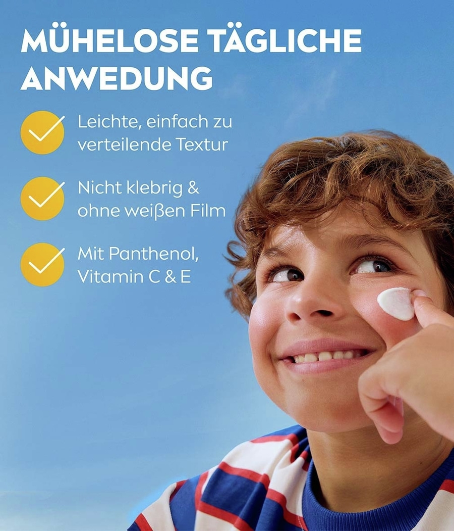 Ein Junge mit Sonnenschutz im Gesicht, der die Vorteile erklärt.