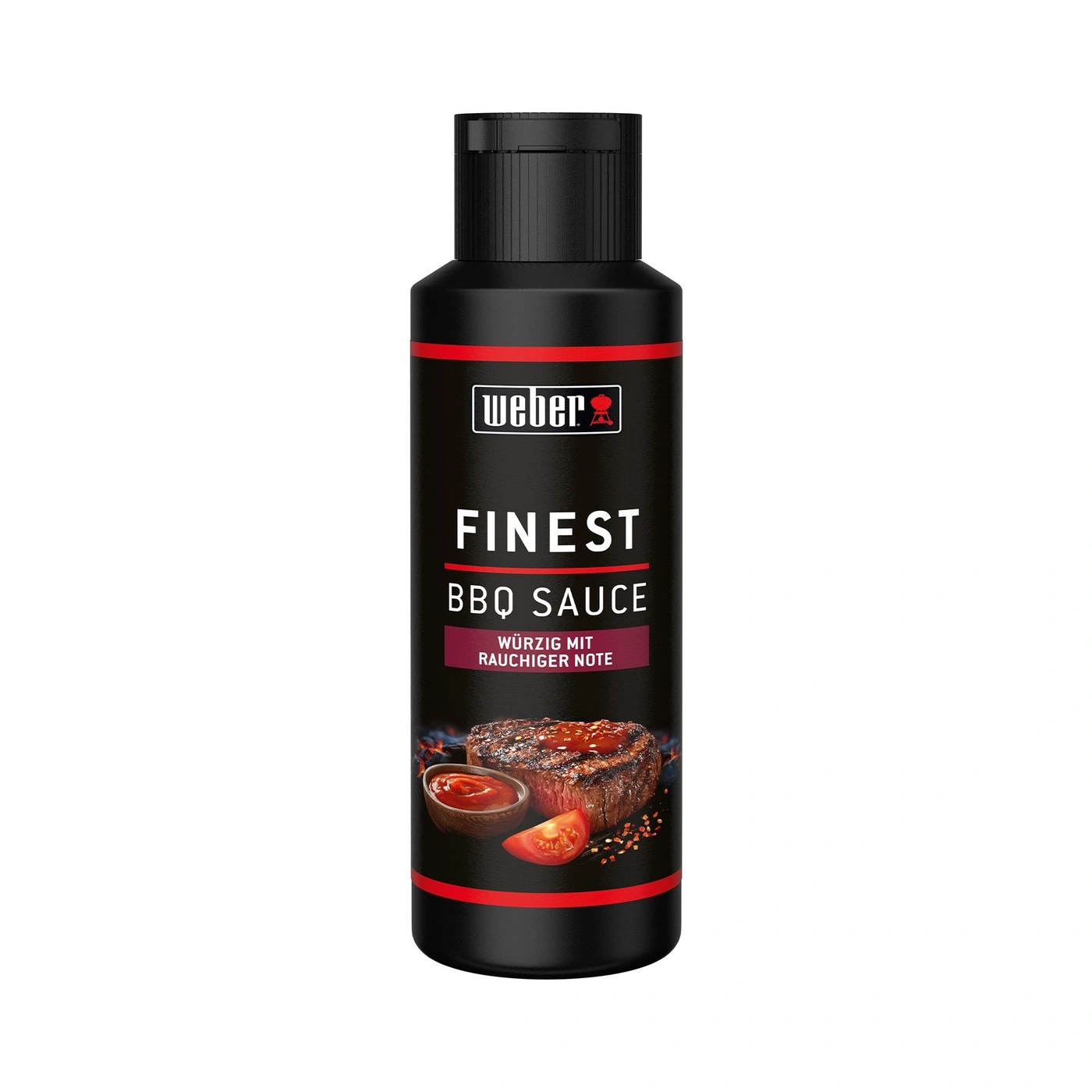 Weber Grill BBQ Sauce Flasche mit Steak und Kirschtomaten