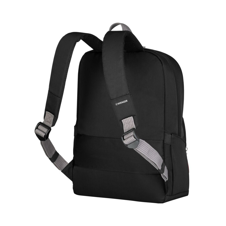 Schwarzer Rucksack mit grauen Trägern und dem Logo von Wenger