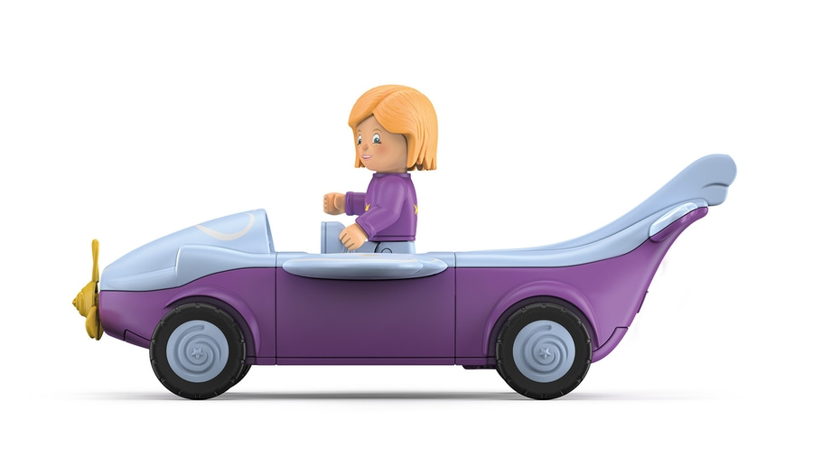 Spielzeugauto mit Figur, lila und hellblau, Propeller, blonde Haare, fährt