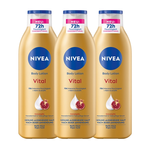 NIVEA Vital Body Lotion 3 x 250ml Granatapfel, Macadamiaöl & Tiefenpflege Serum