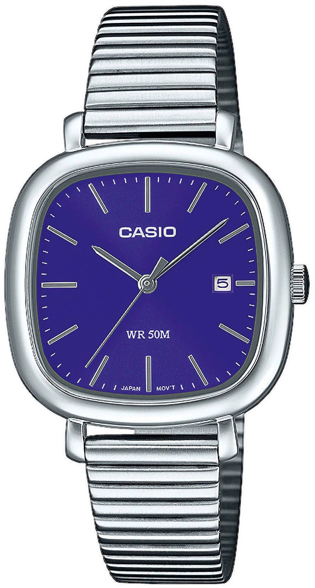 Eine blaue Casio Uhr mit silbernem Armband