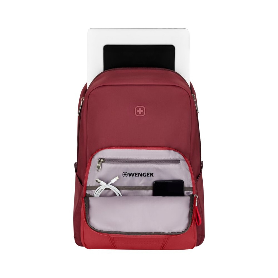 Roter Wenger Rucksack mit Laptop und Zubehör in der Fronttasche.