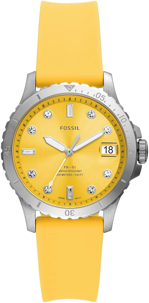 FOSSIL Damenuhr ES5289 Quarz Armbanduhr Datum Edelstahl Silikon gelb 36mm B-WARE