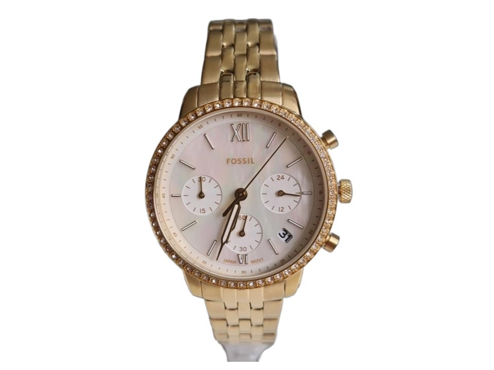 Goldene Fossil Uhr mit Perlmuttzifferblatt und Kristallbesatz