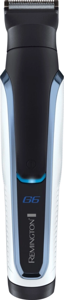 Remington G6 Bartschneider, schwarz, blau und weiß, Nahaufnahme, Produktbild