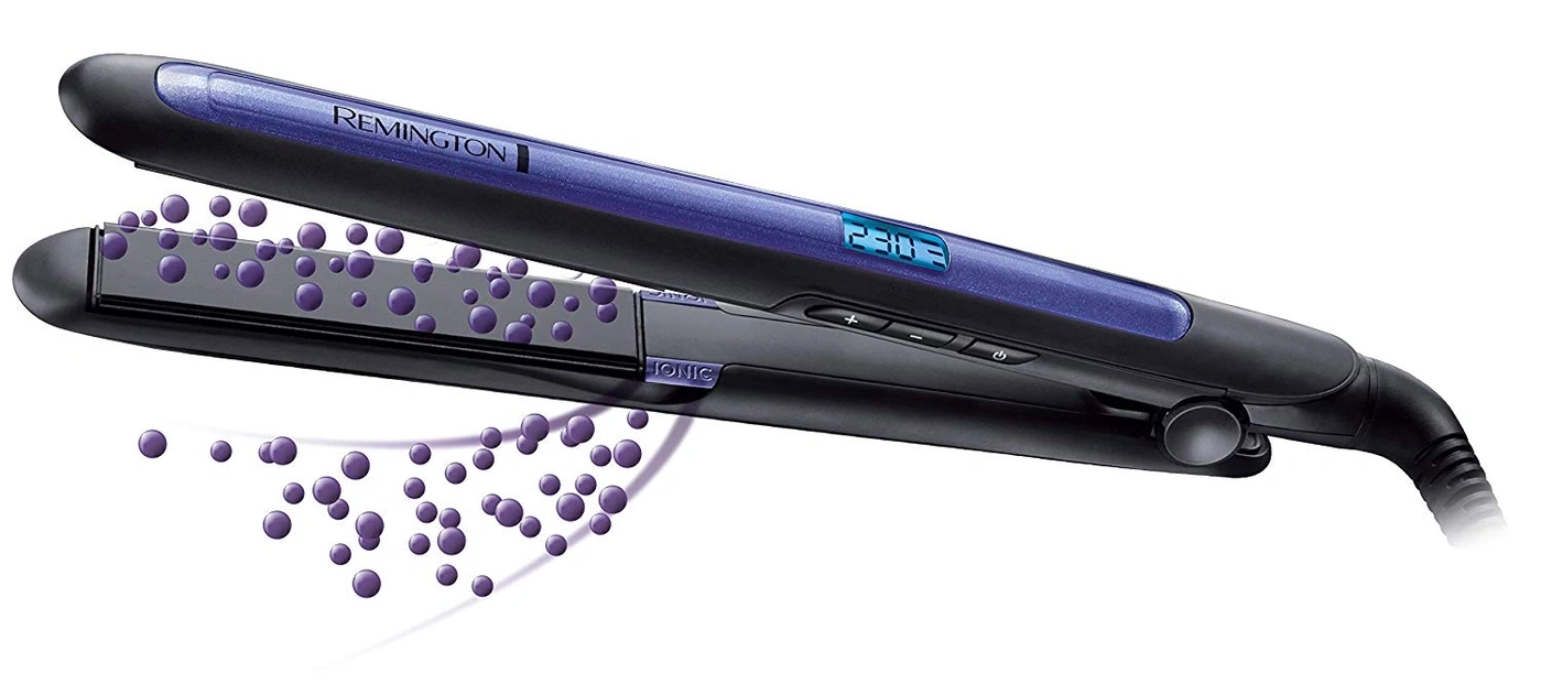 Haarglätter von Remington, blau und schwarz, mit digitaler Anzeige und Ionen-Technologie.