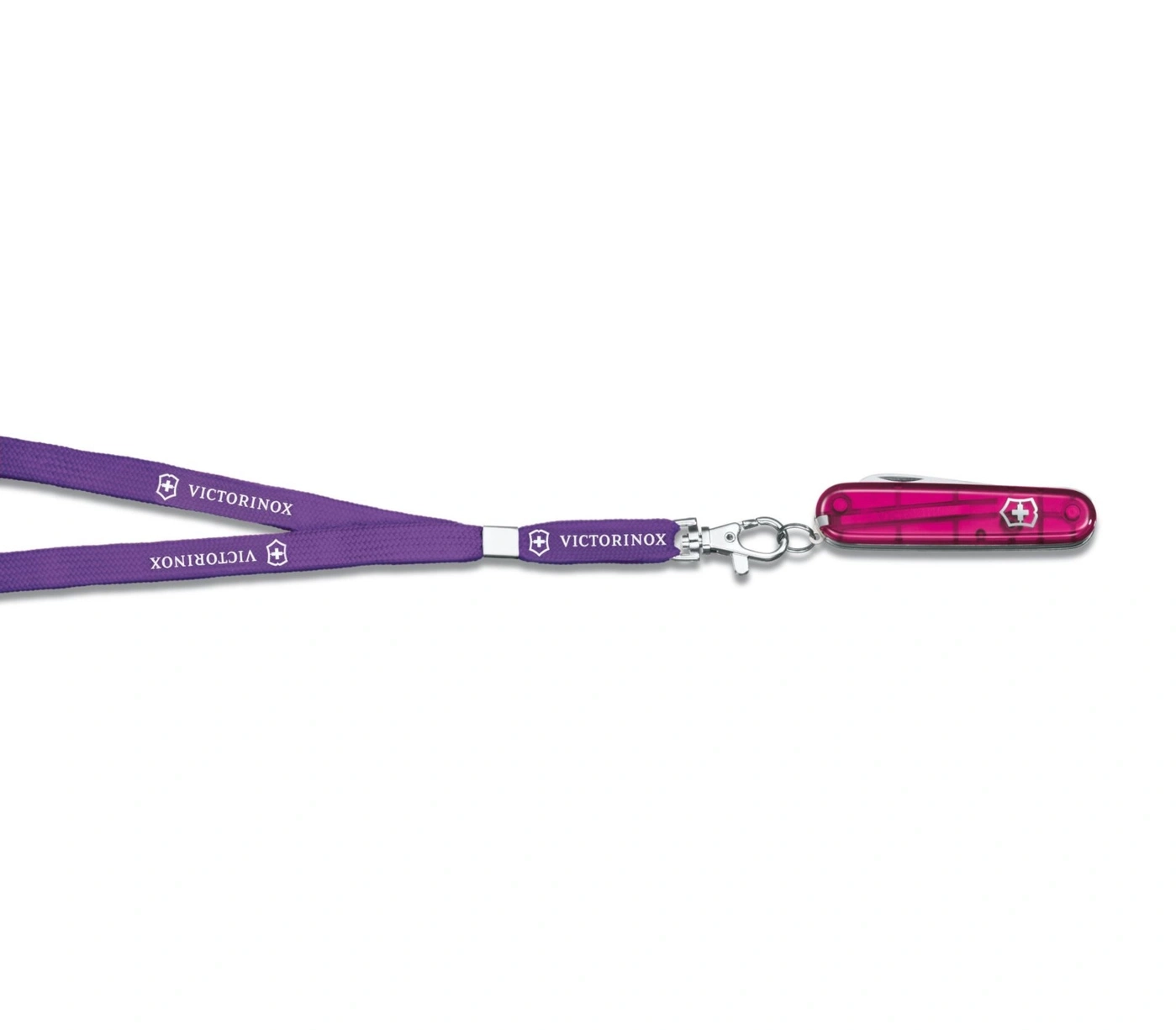 Lila Victorinox-Messer mit Schlüsselband, weißer Hintergrund, Nahaufnahme