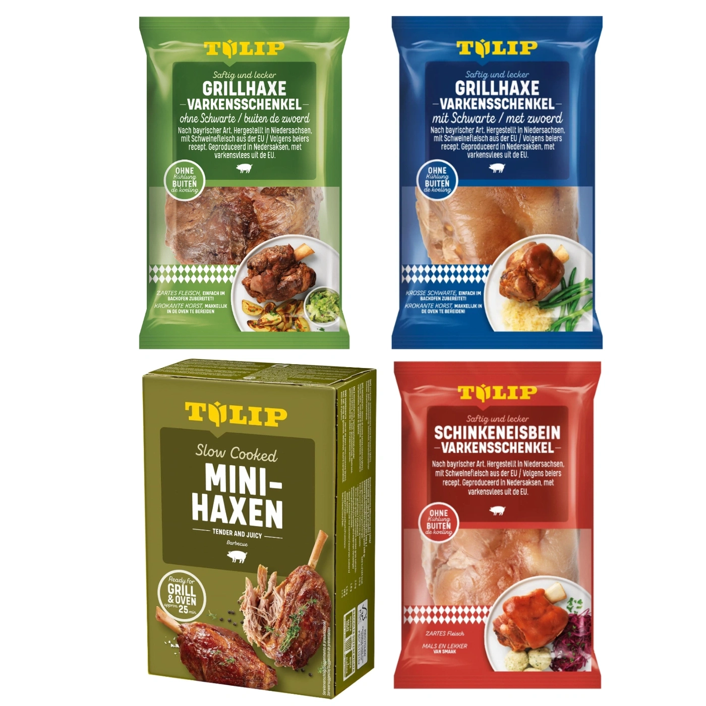 Vier Packungen mit Schweinshaxe, zwei davon mit Kruste