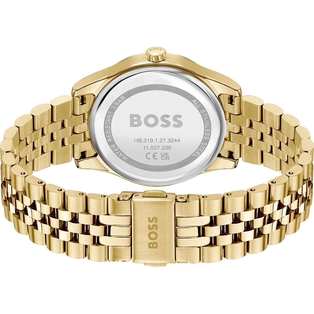 Rückseite einer goldenen Hugo Boss Uhr mit Markenschriftzug und Wasserdichtigkeit