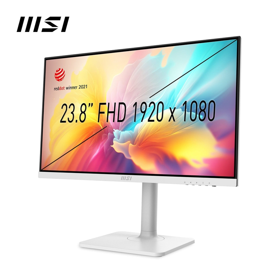 Ein weißer MSI Monitor mit 23,8 Zoll FHD Auflösung.