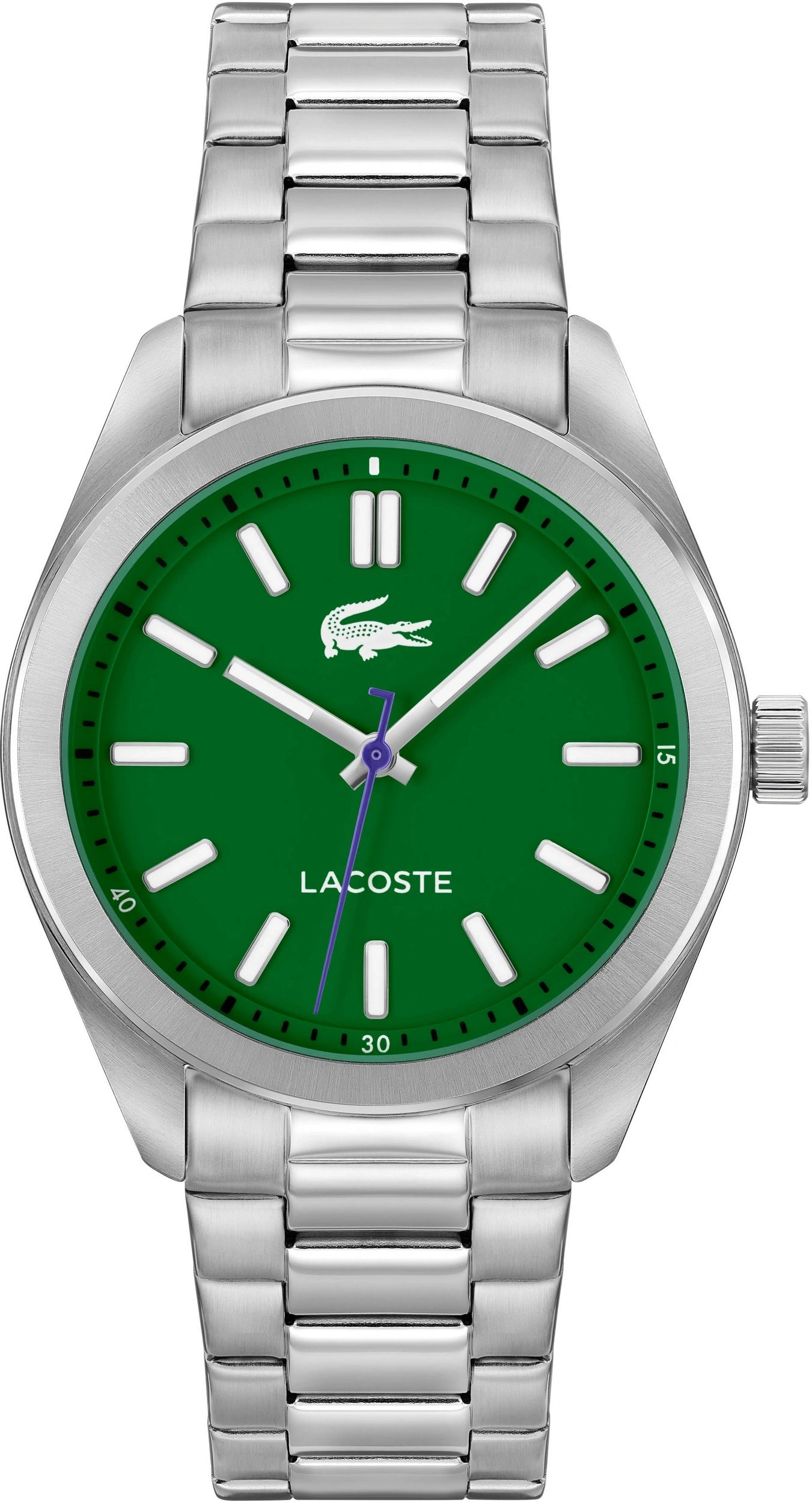 Eine grüne Lacoste-Herrenuhr mit silbernem Armband