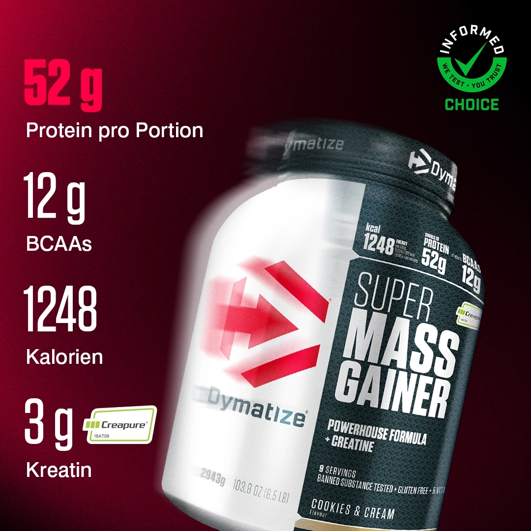 Dymatize Super Mass Gainer Proteinpulver mit 52 g Protein pro Portion, 12 g BCAAs und 3 g Kreatin.