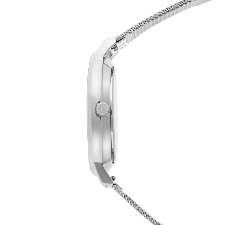 Seitliche Ansicht einer silbernen Armbanduhr mit Milanaise-Armband und Krone