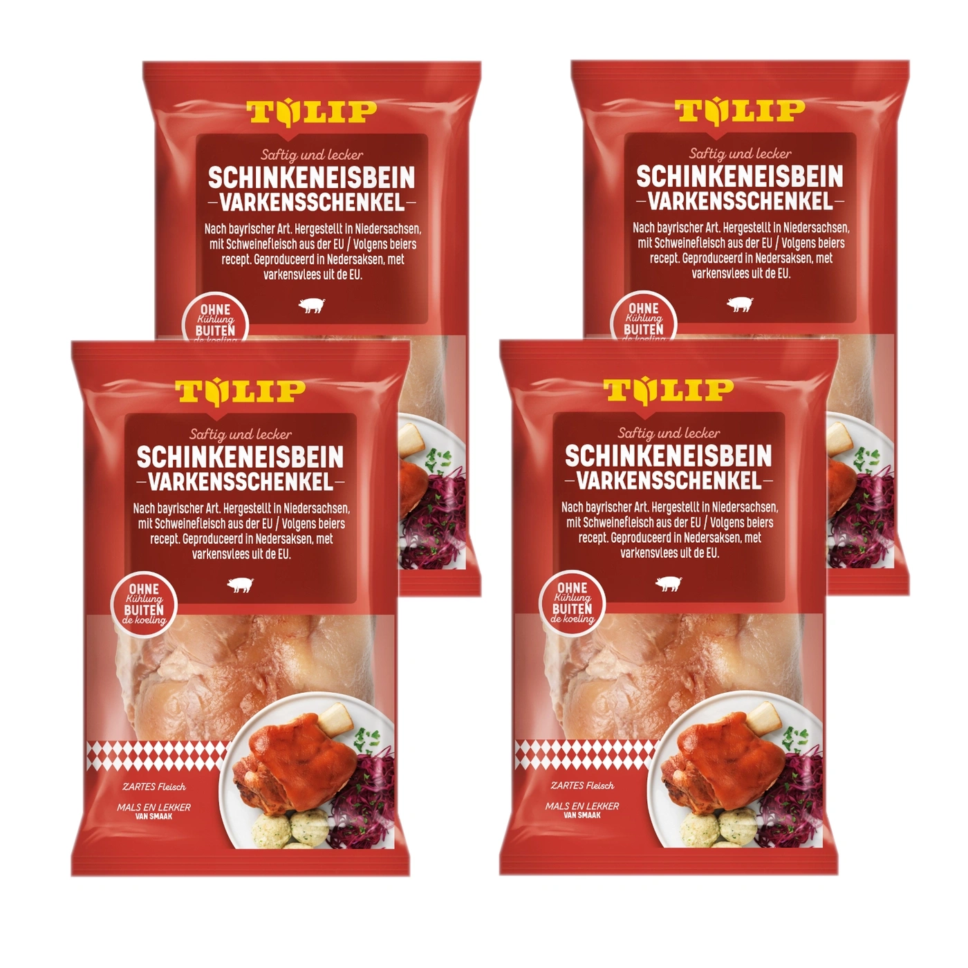 Zwei Packungen Schweinehaxe von Tulip mit Beilagen und Text.
