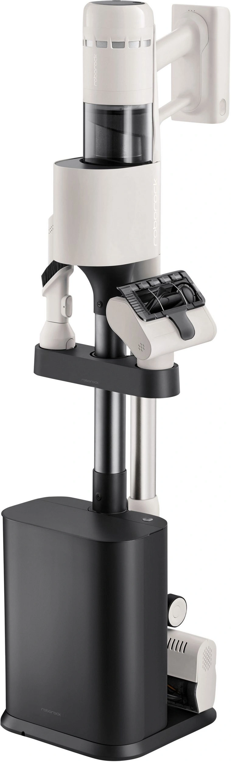 Roborock Staubsauger mit Ladestation und Zubehörhalterung auf weißem Hintergrund.