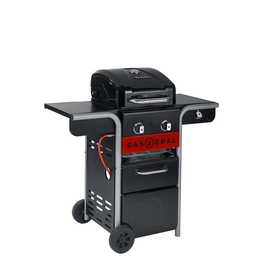 Schwarzer Gasgrill mit zwei Rädern und zwei Kochfeldern, mit der Aufschrift GAS 2 COAL.