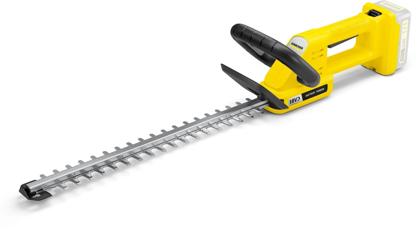Gelbe Kärcher Heckenschere mit Batterie und Messer