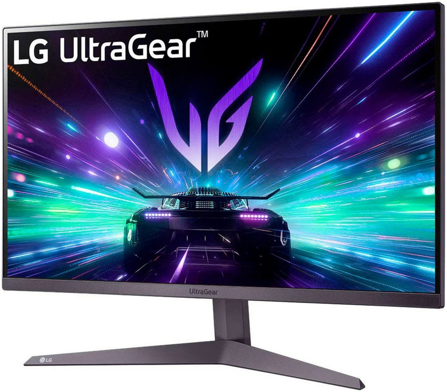 LG UltraGear Monitor mit Rennwagen-Hintergrund, violett und blau