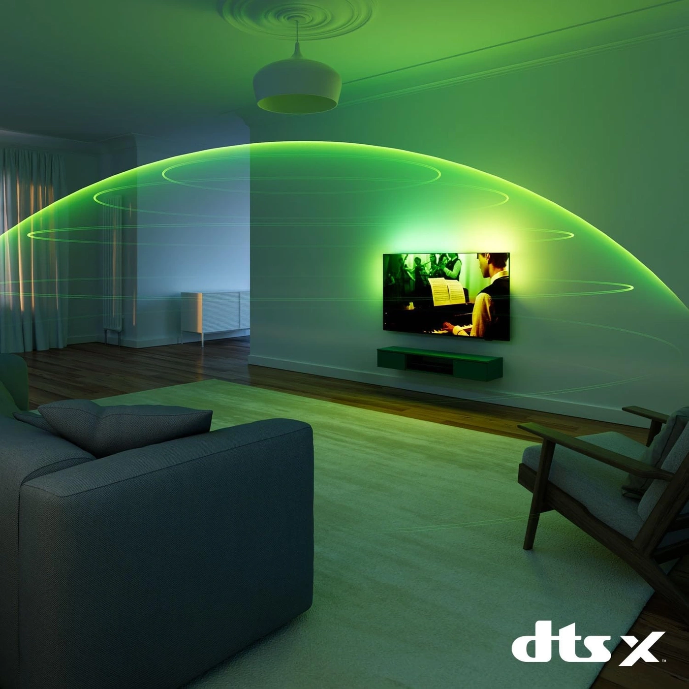 Eine Wohnung mit immersiver 3D-Audio-Technologie, dargestellt durch grüne Wellenmuster.