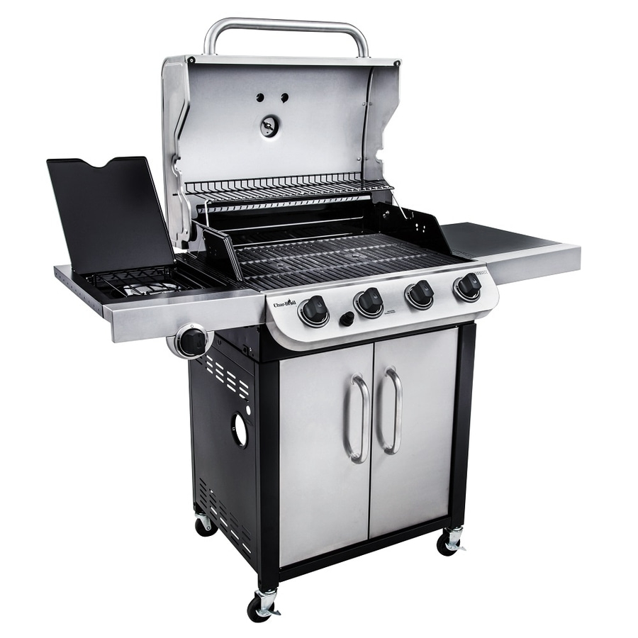 Edelstahl-Gasgrill mit Deckel, Knöpfen und Schranktüren auf Rädern