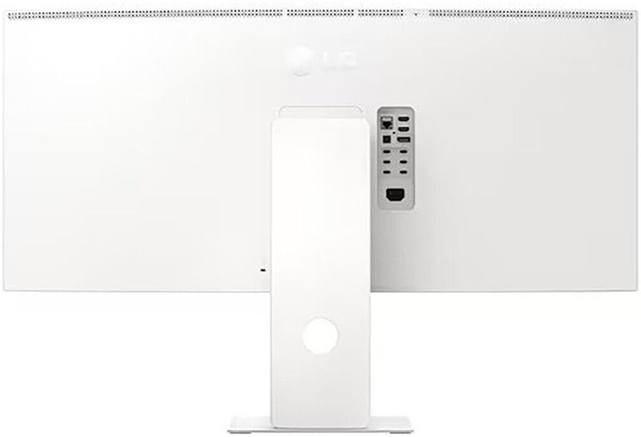 Rückseite eines weißen LG-Monitors mit Anschlüssen