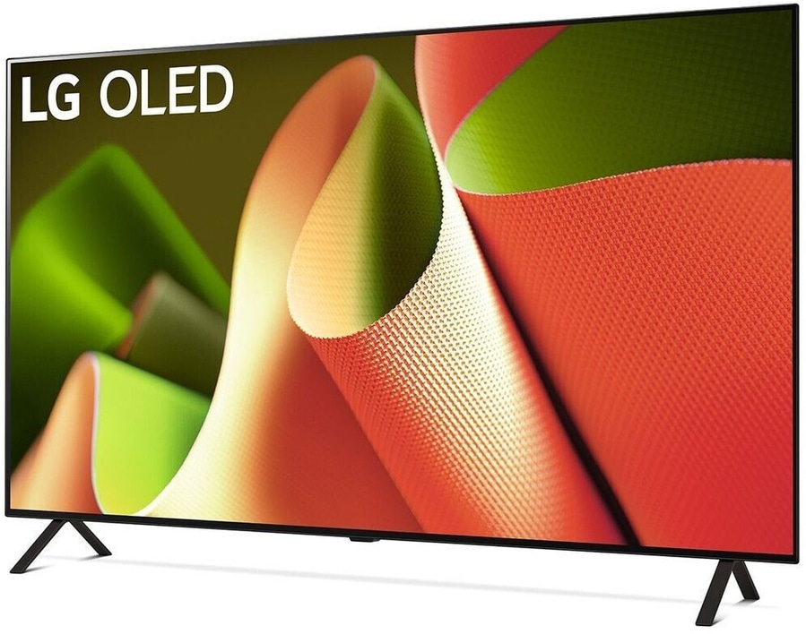 LG OLED Fernseher mit abstraktem Hintergrund und Standfüßen