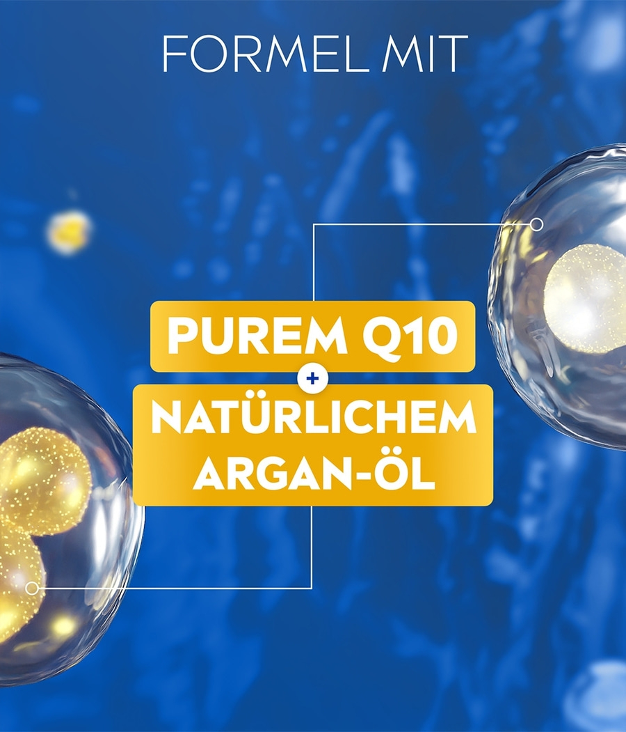 Formel mit Purem Q10 + natürlichem Argan-Öl, gelber Hintergrund, blau